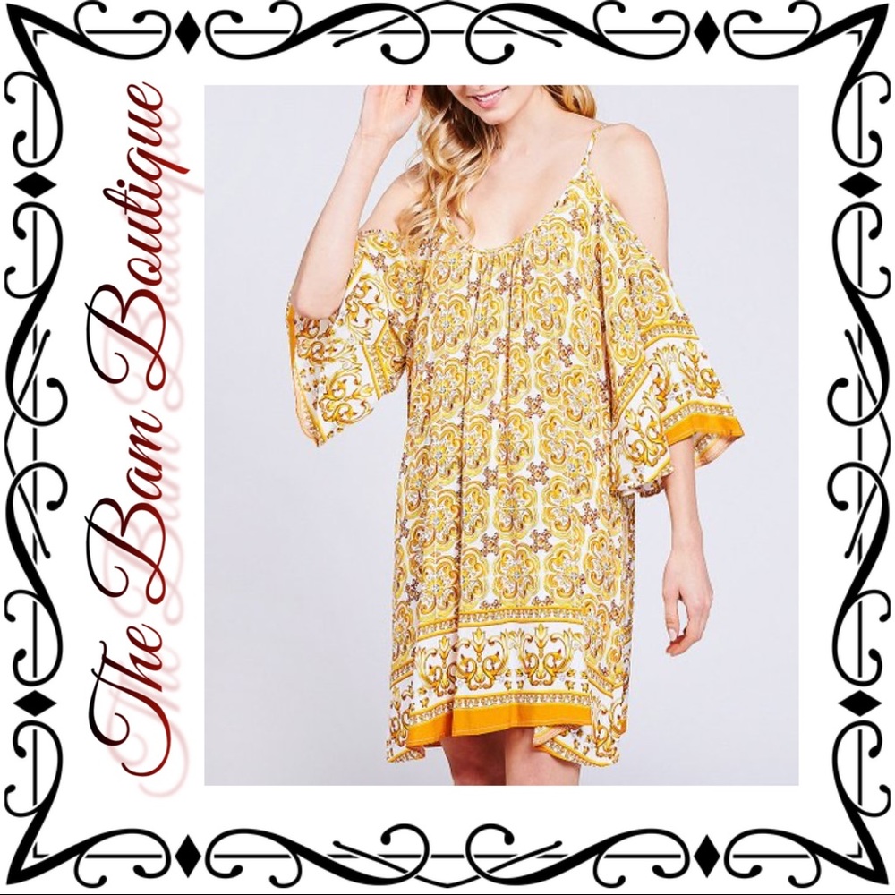 Plus Size Yellow Damask Cold-Shoulder Dress